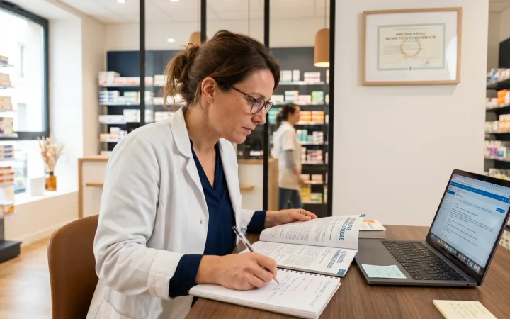 Pharmacienne en officine étudiant pour la certification périodique et la formation continue