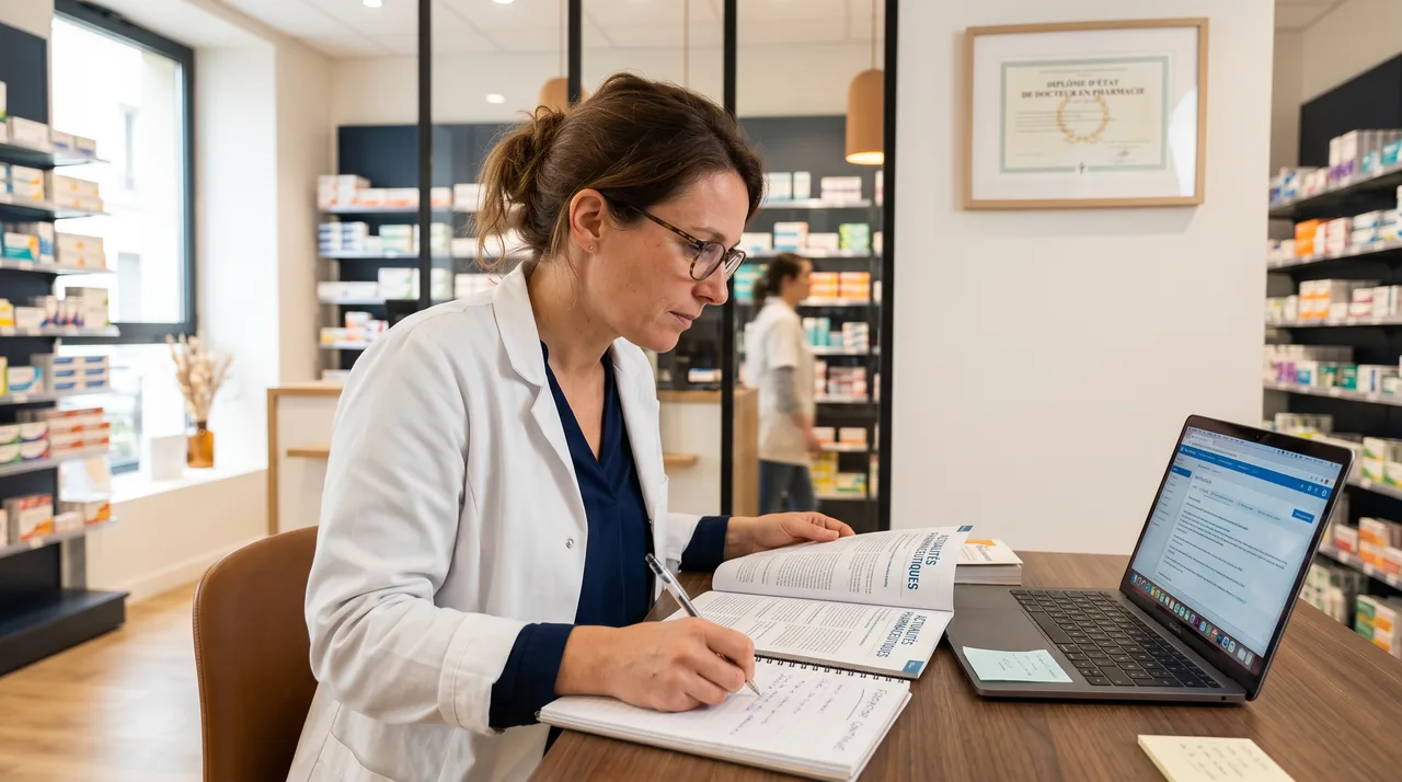 Pharmacienne en officine étudiant pour la certification périodique et la formation continue