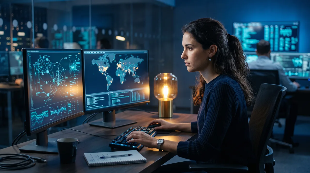 Analyste cybersécurité devant des tableaux de bord de supervision