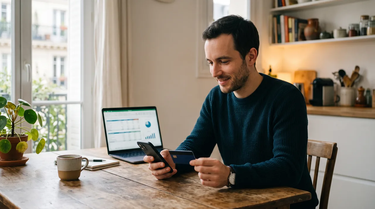Personne consultant son application bancaire et sa carte à la maison