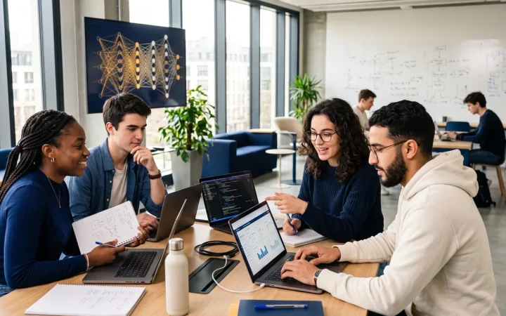 Étudiants en école d ingénieurs travaillant sur des projets numériques